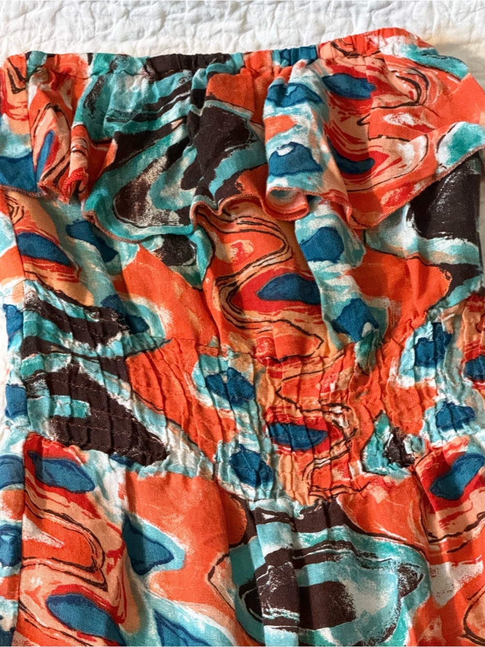 Chesley Strapless Maxi Dress in Orange and Teal Abstract Print - Picture 9 of 9